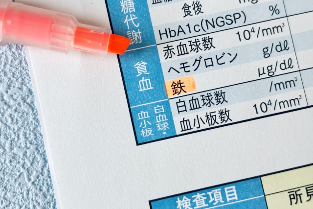 健康診断の結果表で貧血の項目を確認している